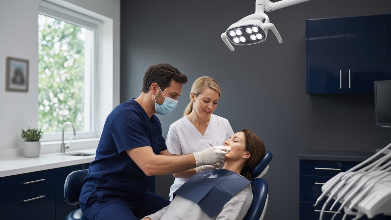 Dentist and assistant treating a patient in a dental office